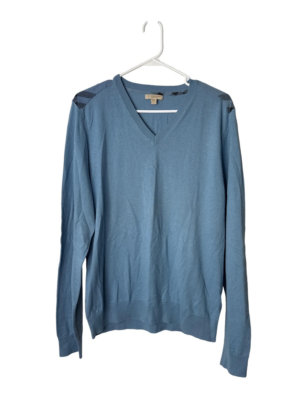 BURBERRY BRIT Men’s Light Blue Knit Cotton Cashmere Plaid Shoulder Sweater Large